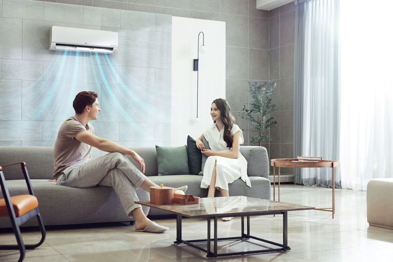 LG DUALCOOL in livingroom with one male and one female talking each other